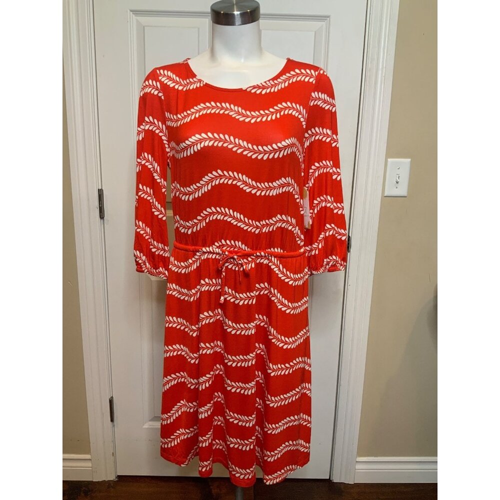 Boden Red & White Pop Swaying Vine Dress W/ Waist Tie, Size 6R, NWT